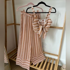 Two piece matching set stripe wide leg pants and crop tank with tie adjustable